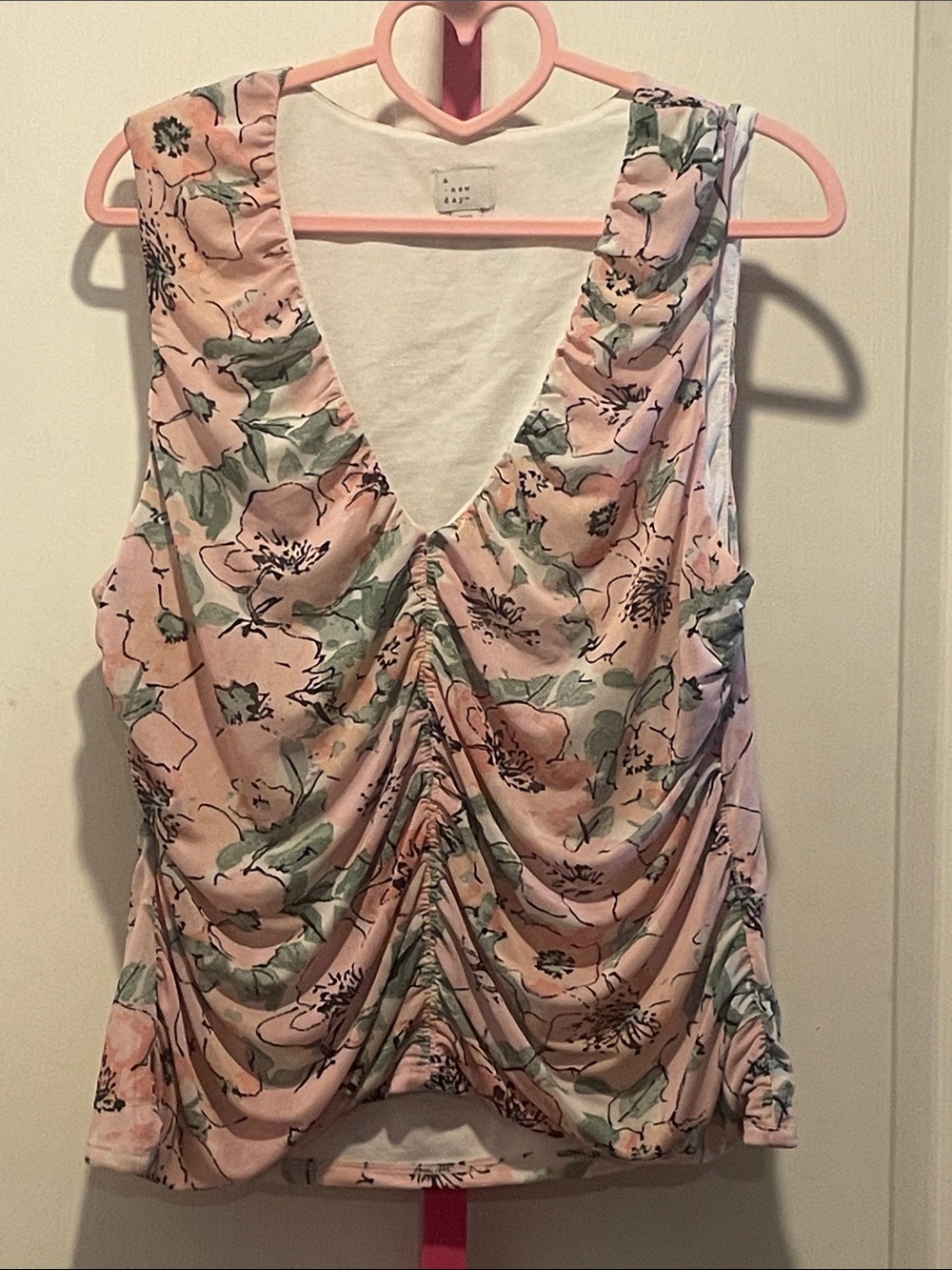 a new day Pink Floral Ruched V-Neck Tank Top